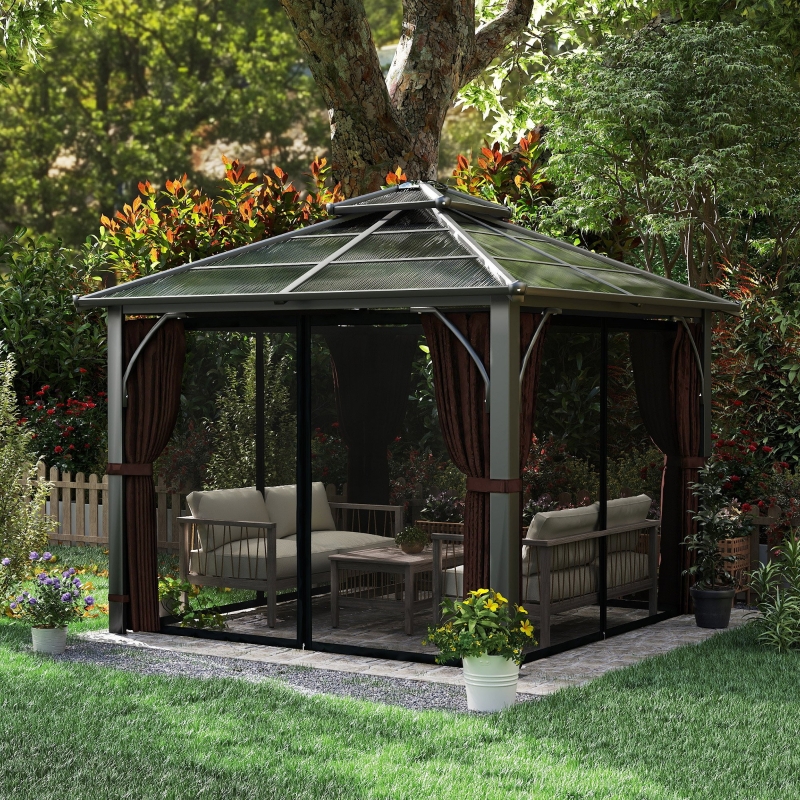 Best 3 x 3(m) Hardtop Gazebo Canopy with 7mm Double Polycarbonate Roof, Garden Gazebo Permanent Pavilion with Mosquito Netting and Curtains for Patio, Deck, Brown - Image 9