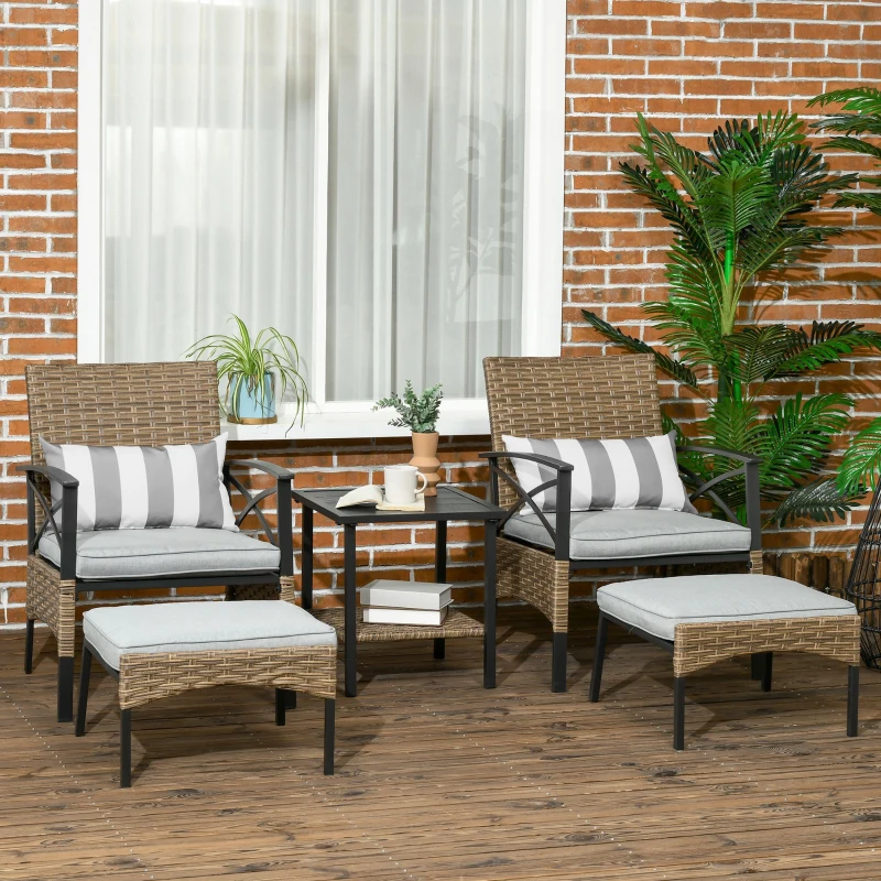 Best 5 Piece PE Rattan Garden Furniture Set, 2 Armchairs,2 Stools, Steel Tabletop with Wicker Shelf, Padded Outdoor Seating, Grey - Image 2