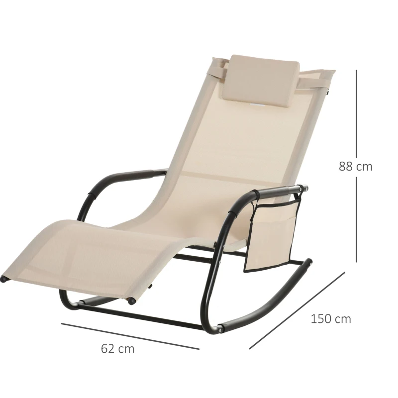 Best Outdoor Garden Rocking Chair, Patio Sun Lounger Rocker Chair with Breathable Mesh Fabric, Removable Headrest Pillow, Armrest, Side Storage Bag, Cream White - Image 3