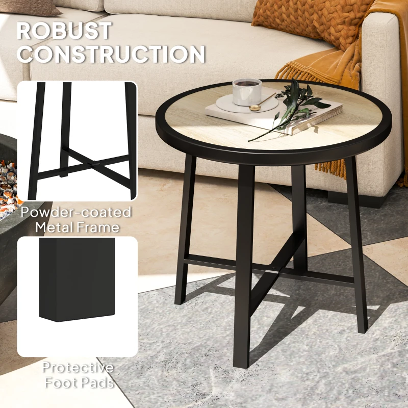 Best Round Small Garden Table, 50.5cm Outdoor Side Table with SPC Tabletop, Metal Frame and Anti-slip Foot Pads for Garden, Balcony, Nature Wood Finish - Image 5