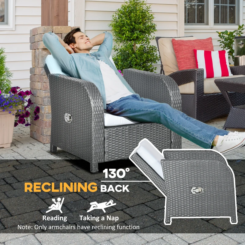 Best 7 Seater Outdoor Rattan Garden Furniture Sets with Wicker Sofa, Reclining Armchair and Glass Table, 181x75x81cm, Grey - Image 5