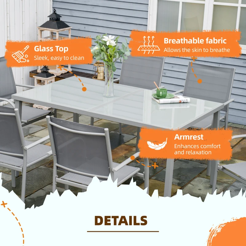 Best 7 Piece Garden Dining Set, Outdoor Table and 6 Stackable Chairs, Steel Frame, Tempered Glass Top Table, Mesh Seats, Grey - Image 6