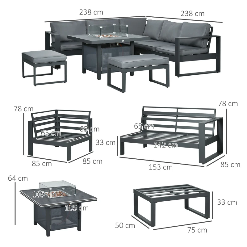 Best 6-Piece Aluminium Garden Furniture Set with Fire Pit Table, Outdoor Dining Sofa Set with Cushions, Loveseats and Footstools, Sectional Corner Conservatory Furniture for Patio, Grey - Image 3