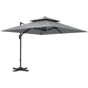 Best 3 x 3(m) Cantilever Parasol with Aluminium Frame, Crank and Tilt, 360° Rotation, Double Top Garden Umbrella with Base and Cover, Light Grey