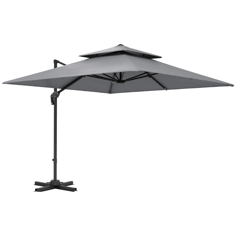 Best 3 x 3(m) Cantilever Parasol with Aluminium Frame, Crank and Tilt, 360° Rotation, Double Top Garden Umbrella with Base and Cover, Light Grey