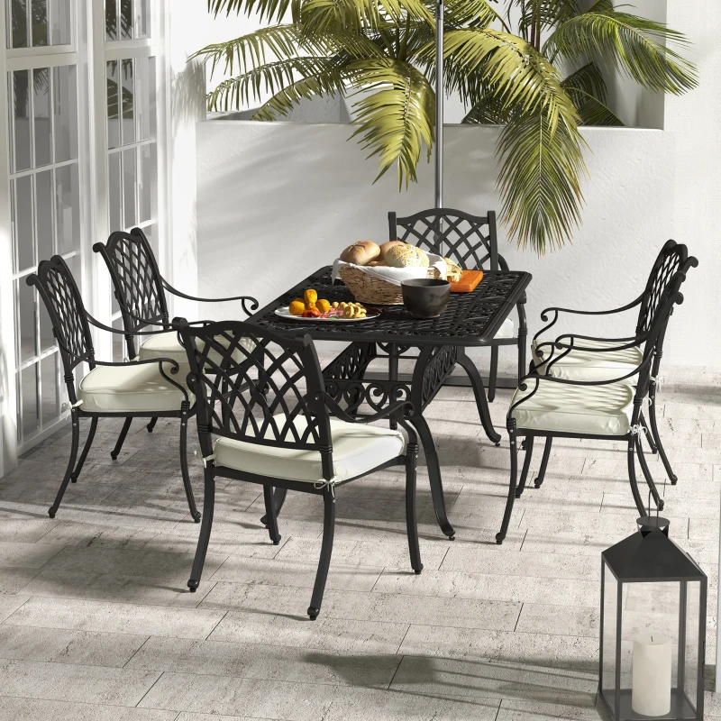 Best 7 Pieces Aluminium Patio Dining Set with Umbrella Hole Black - Image 2