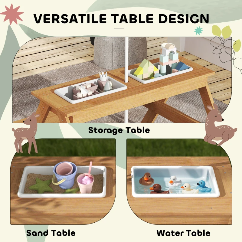 AIYAPLAY Kids Picnic Table, Sand and Water Table with Wooden Benches, Adjustable Parasol and Storage Bins, Multicolour - Image 4