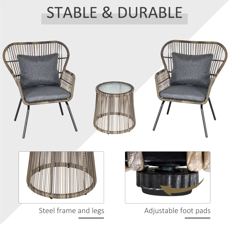 Best 3 Pieces Rattan Bistro Set, Wicker Garden Furniture Set with Cushions, Glass Top Coffee Table and Chairs for Outdoor, Patio, Balcony, Grey - Image 6