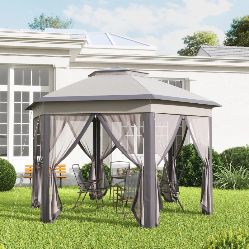 Best 3 x 4m Garden Gazebo Hexagon Pop Up Gazebo Party Tent Canopy Double Roof Instant Shelter with Netting and Carry Bag for Outdoor Patio, Beige - Image 2