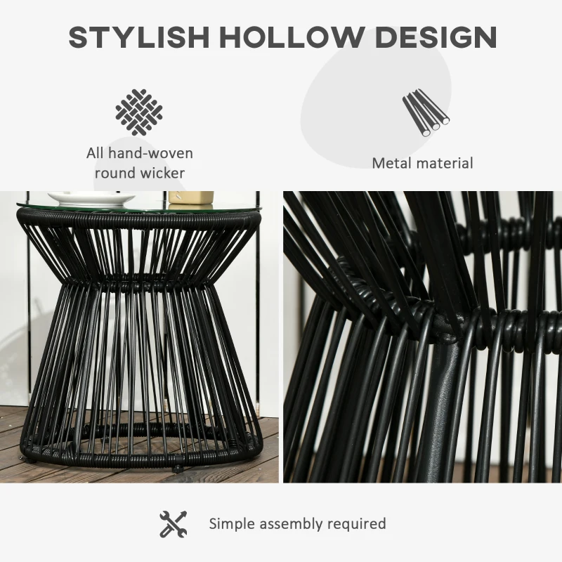 Best Round End Table, Rattan Side Table, Hollow Drum Design Coffee Table w/ Glass Tabletop for Patio, Garden, Balcony Black - Image 5