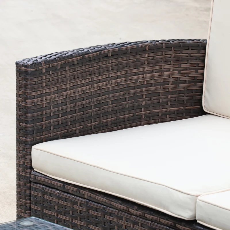 Best 3 Pieces Outdoor PE Rattan Corner Sofa Set with Thick Cushions, Patio Rattan Garden Furniture with Glass Top Coffee Table and Footstool, Brown - Image 8