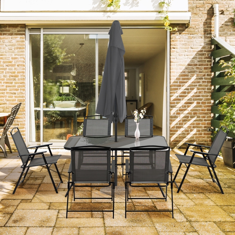 Best Eight-Piece Garden Dining Set, with Chairs, Table and Parasol - Black - Image 13