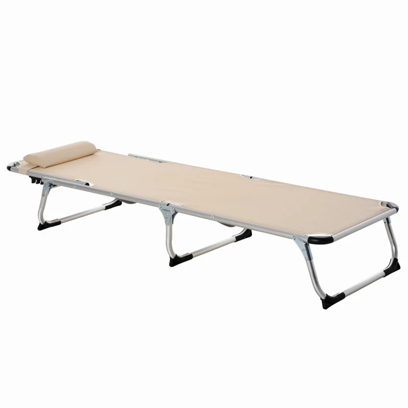 Best Foldable Outdoor Sun Lounger, Reclining Lounge Chair Camping Bed Cot with Pillow 4-Level Adjustable Back Aluminium Frame, Khaki - Image 7