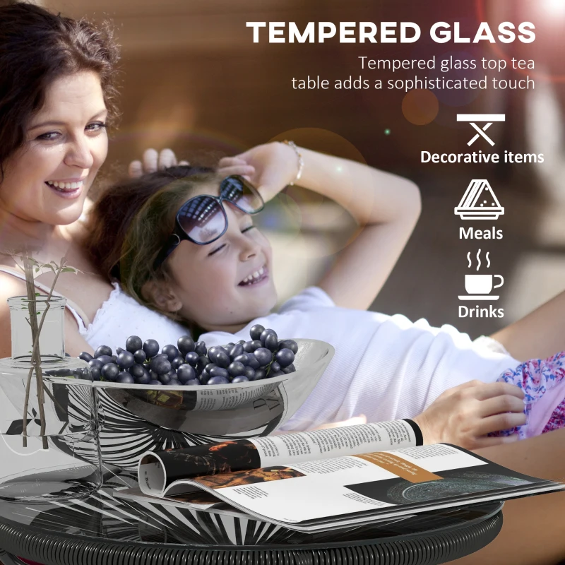 Best Rattan Side Table, Round Outdoor Coffee Table, with Round PE Rattan and Tempered Glass Tabletop for Patio, Garden, Balcony, Black - Image 4