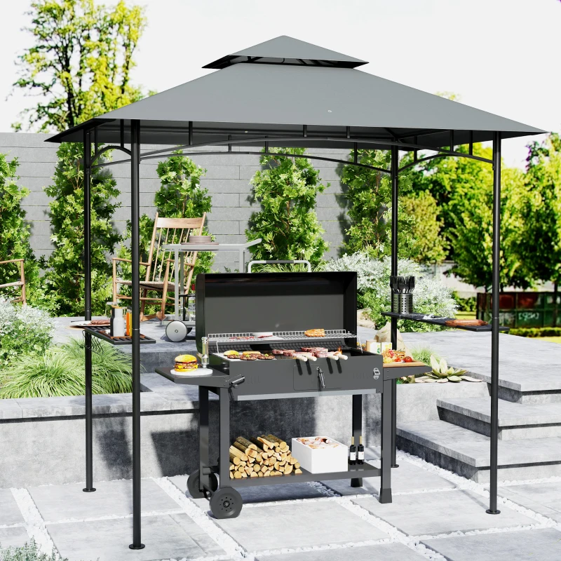 Best 8' x 5' Grill Gazebo, Double Tiered BBQ Gazebo Shelter Canopy with LED Lights, 2 Side Shelves, Hooks, Dark Grey - Image 2