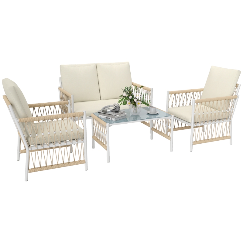 Best 4 Piece Rattan Garden Furniture Set, 4 Seater Wicker Patio Conversation Set with 2 Armchairs, Loveseat, Glass Top Coffee Table and Cushions for Outdoor, Balcony, Khaki - Image 10