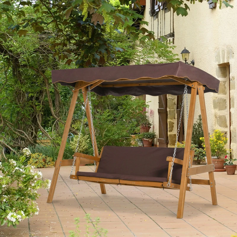 Best 3 Seater Garden Swing Seat Outdoor Swing Chair with Adjustable Canopy, Wooden Hammock Bench with Padded Cushions for Patio Yard, Brown - Image 2