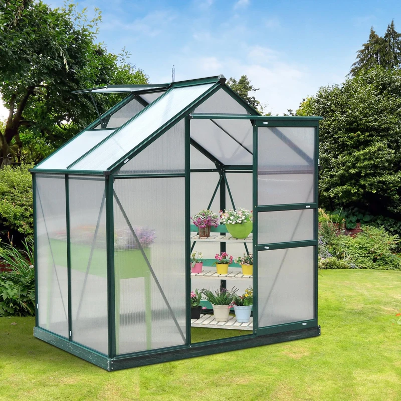 Best 6 x 4ft Polycarbonate Greenhouse, Large Walk-In Green House with Slide Door and Window, Garden Plants Grow House with Aluminium Frame and Foundation, Dark Green - Image 2