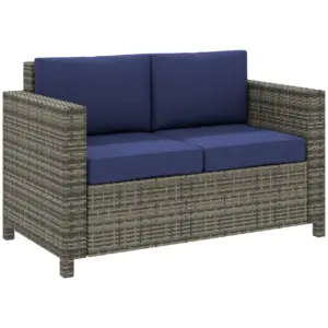 Best Rattan Sofa, 2 Seater Garden Furniture with Soft Padded Cushion and Armrests, Wicker Garden Loveseat for Patio, Navy Blue