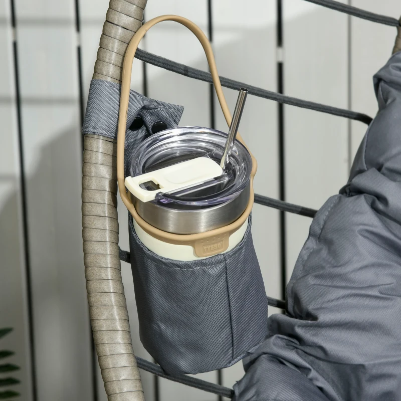 Best PE Rattan Swing Chair, Outdoor Hanging Chair with Metal Stand, Thick Padded Cushion, Foldable Basket and Cup Holder, for Indoor and Outdoor, Grey - Image 8