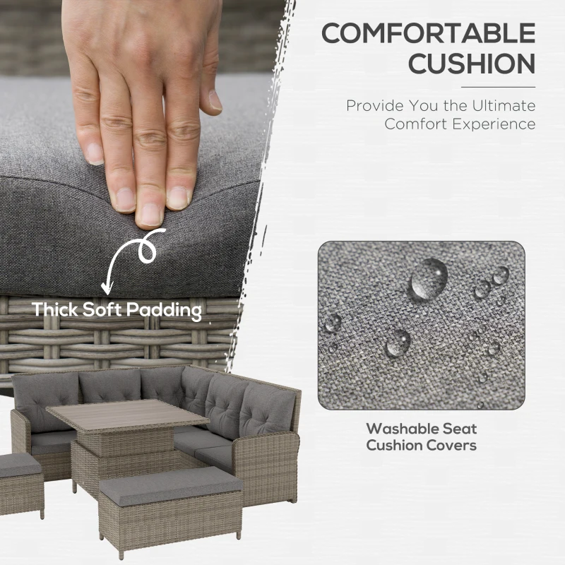 Best 6 Pieces Outdoor PE Rattan Garden Furniture, Patio Wicker Sectional Conversation Corner Sofa w/ Soft Padded Cushion & Liftable Coffee Table, Light Grey - Image 4