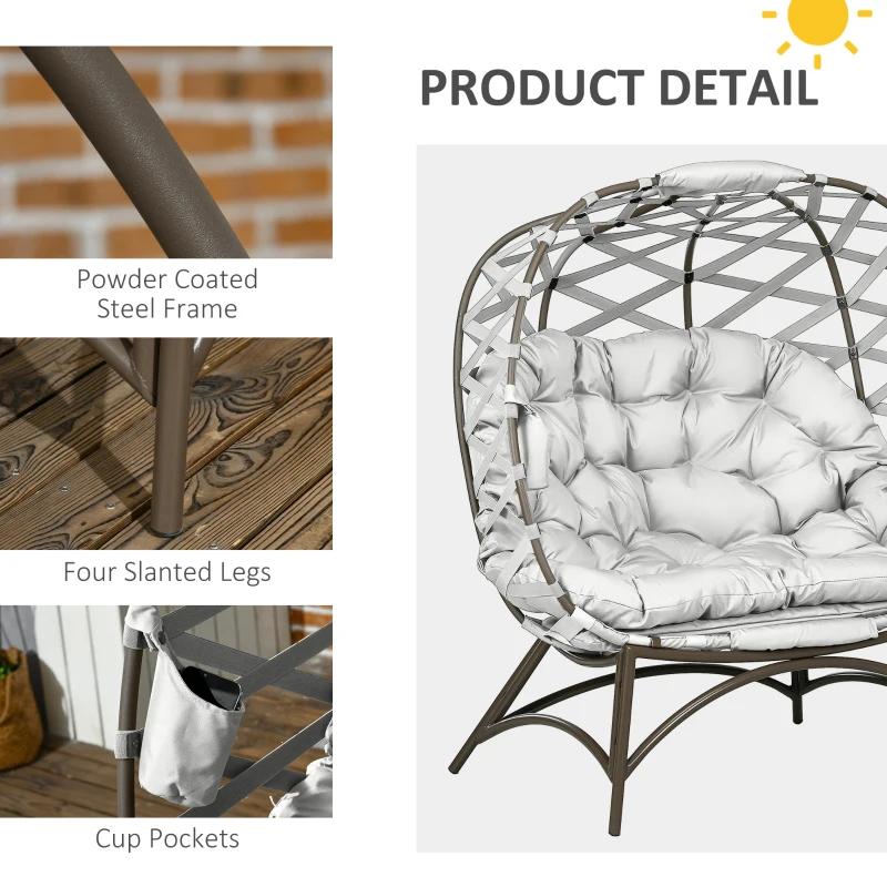 Best 2 Seater Egg Chair Outdoor, Folding Weave Garden Furniture Chair with Cushion, Cup Pockets - Light Grey - Image 7