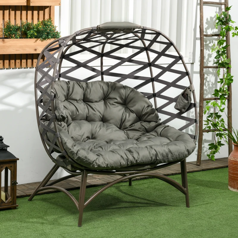 Best 2 Seater Egg Chair Outdoor, Folding Weave Garden Furniture Chair with Cushion, Cup Pockets - Sand Brown - Image 2