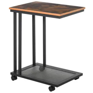 Best C Shaped Side Table with Wheels, Mobile End Table, Laptop Stand with Metal Frame and Storage Shelf, Rustic Brown