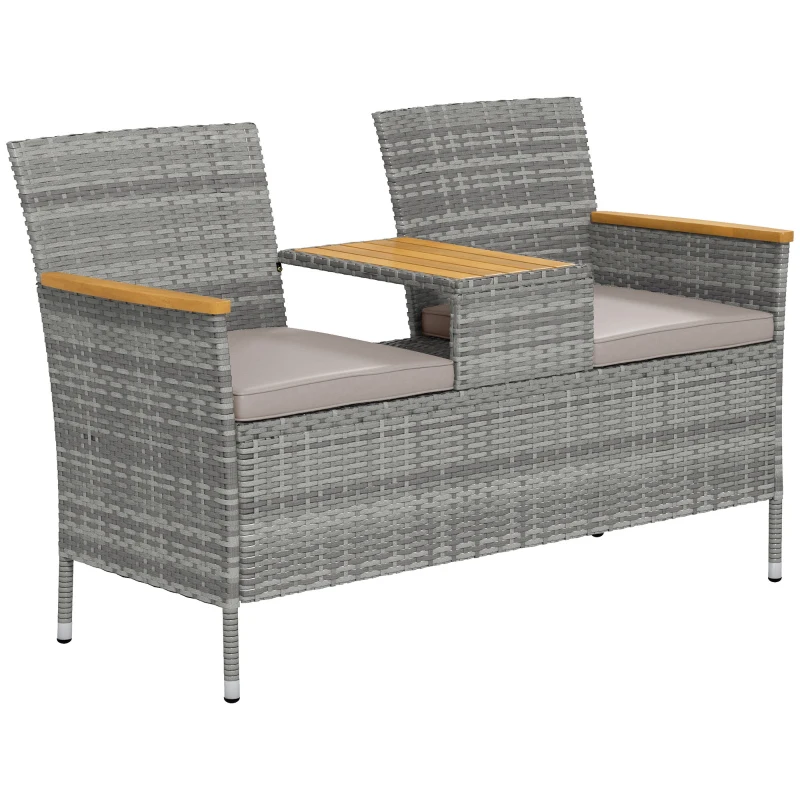 Best Two-Seat Rattan Loveseat, with Wood-Top Middle Table - Grey