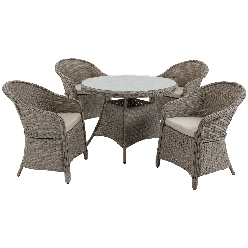 Best 4 Seater Rattan Garden Furniture Set with Cushions, Round PE Rattan Dining Set with Glass-Top Table, Umbrella Hole, Outdoor Garden Table and Chairs, Mixed Grey - Image 11