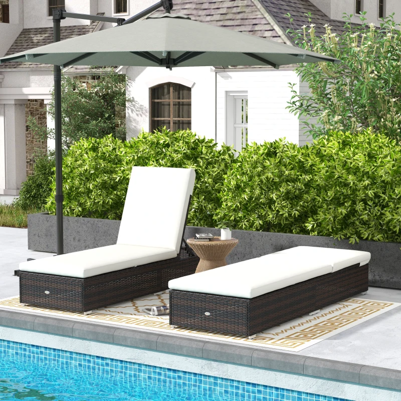 Best Set of Two Rattan Sun Loungers, with Reclining Backs - Brown/Cream - Image 2
