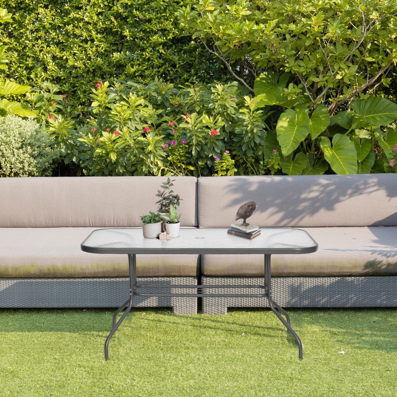 Best Garden Dining Table Glass Top Metal Frame with Parasol Hole Outdoor Balcony Grey 140L x 80Wcm - Image 14