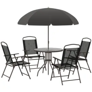 Best 6 Piece Garden Dining Set with Umbrella, Patio Sets with Parasol with 4 Folding Dining Chairs & Round Tempered Glass Table, Black