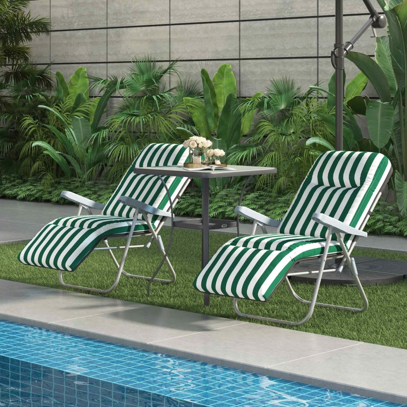 Best 2 Pieces Outdoor Sun Lounger Set with Cushions, Patio Folding 5-Level Adjustable Backrest Recliner Chairs Set of 2 with High Backrest and Armrests, Green & White - Image 12