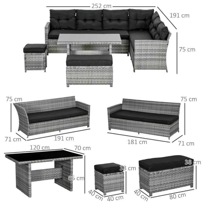 Best 5-Piece Rattan Patio Furniture Set with Corner Sofa, Footstools, Glass Coffee Table, Cushions, Mixed Grey - Image 3