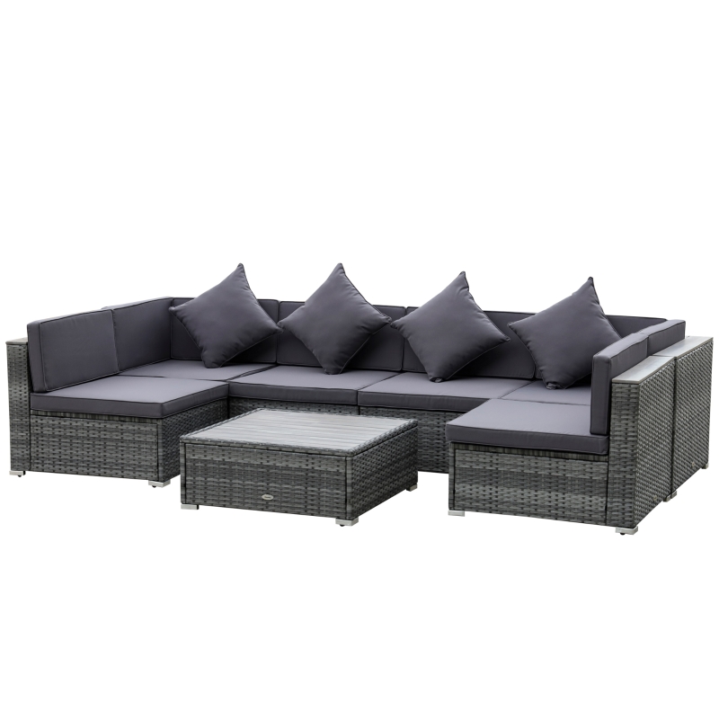 Best 7 Pieces Patio Wicker Sofa Set, Outdoor PE Rattan Sectional Furniture Set w/ Acacia Table Top & Cushion for Garden, Backyard, Grey - Image 11