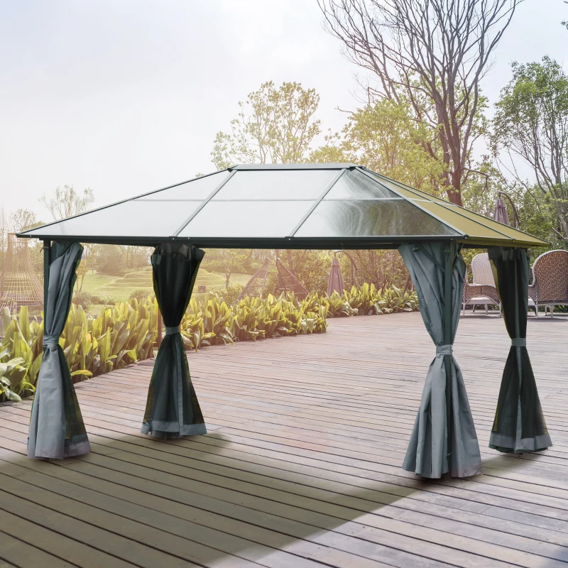 Best 3 x 4m Hardtop Gazebo Canopy with Polycarbonate Roof, Aluminium Frame, Permanent Pavilion Garden Gazebo with Netting and Curtains - Grey - Image 2