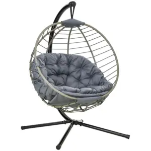 Best PE Rattan Swing Chair, Outdoor Hanging Chair with Metal Stand, Thick Padded Cushion, Foldable Basket and Cup Holder, for Indoor and Outdoor, Grey