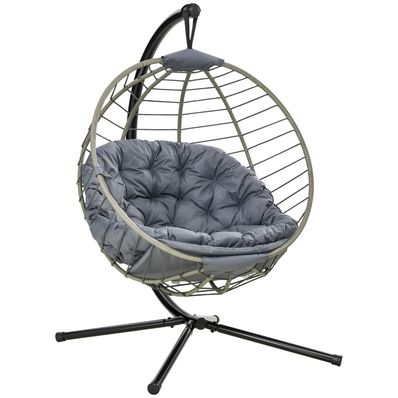 Best PE Rattan Swing Chair, Outdoor Hanging Chair with Metal Stand, Thick Padded Cushion, Foldable Basket and Cup Holder, for Indoor and Outdoor, Grey