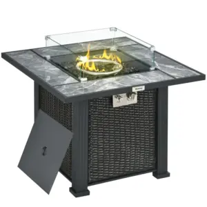 Best Outdoor PE Rattan Gas Fire Pit Table, Patio Square Propane Heater with Marble Desktop, Rain Cover, Glass Windscreen, and Glass Stones, 50,000 BTU, Black