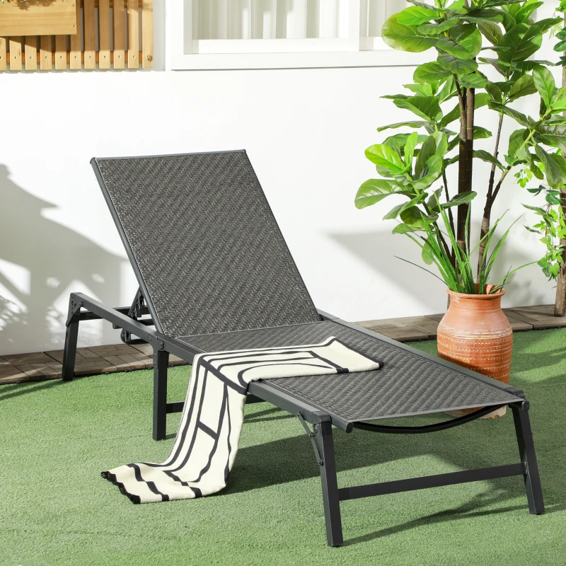 Best Foldable Rattan Sun Lounger with 5-Level Adjust Backrest, Recliner Chair, Grey - Image 2