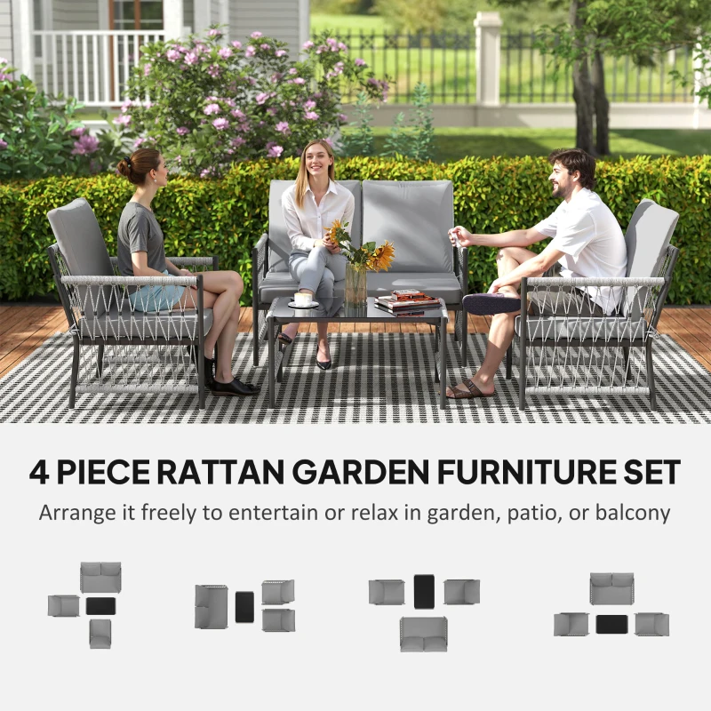 Best 4 Piece Rattan Garden Furniture Set, 4 Seater Wicker Patio Conversation Set with 2 Armchairs, Loveseat, Glass Top Coffee Table and Cushions for Outdoor, Balcony, Grey - Image 4
