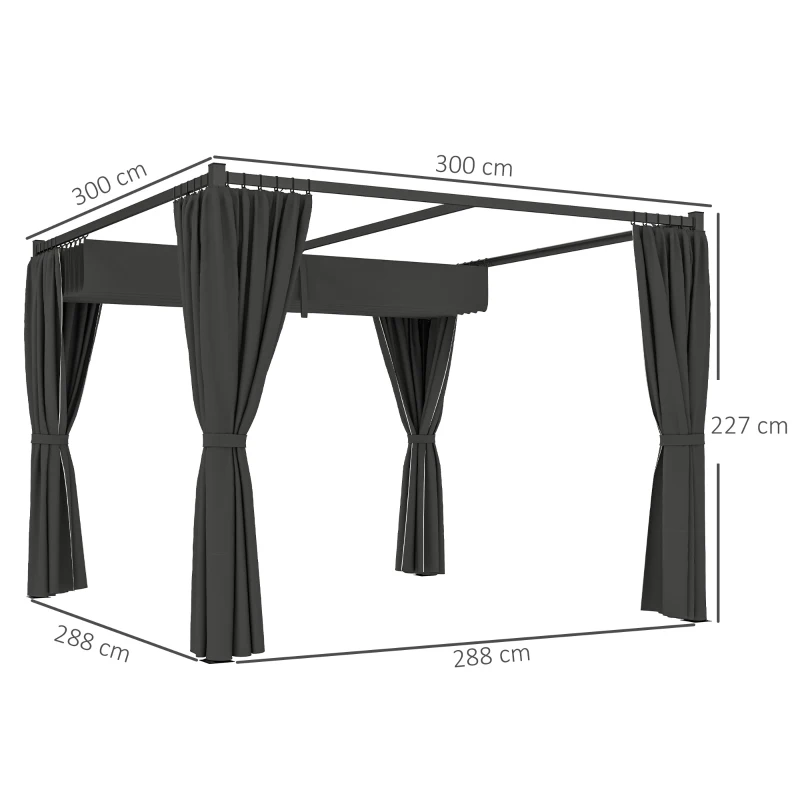 Best 3 x 3(m) Retractable Pergola, Garden Gazebo Shelter with Curtains, for Grill, Patio, Deck, Charcoal Grey - Image 3