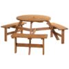 Best 6 Seater Wooden Picnic Table and Garden Benches Set, Round Garden Dining Set with 3 Benches and Umbrella Hole Outdoor Garden Park, Brownish Red - Image 11