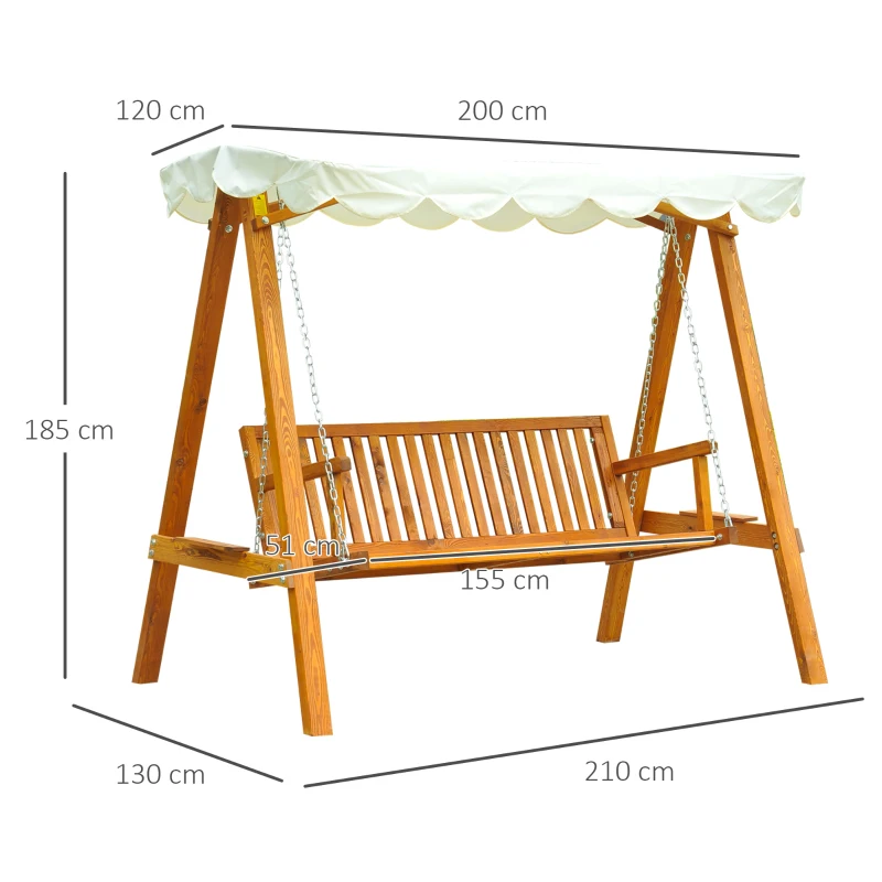Best 3 Seater Garden Swing Seat with Canopy, Wooden Swing Chair, Outdoor Hammock Bench for Balcony Patio Porch, Cream White - Image 3
