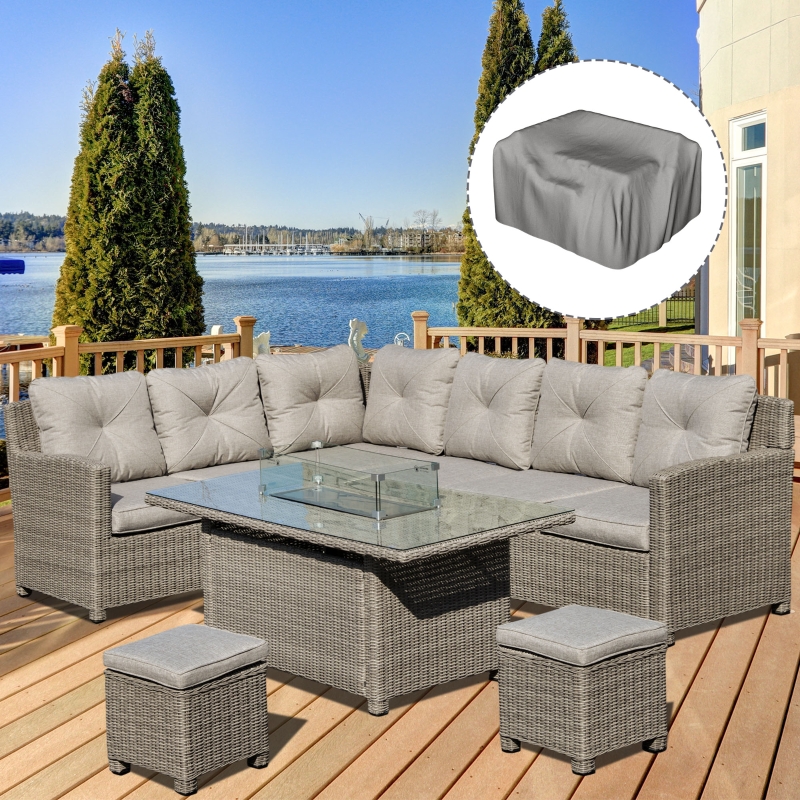 Best 8-Seater Outdoor PE Rattan Sofa Set Conversation Set w/ Fire Pit Table, L-Shape Sofa, Footstool and Furniture Cover - Image 16