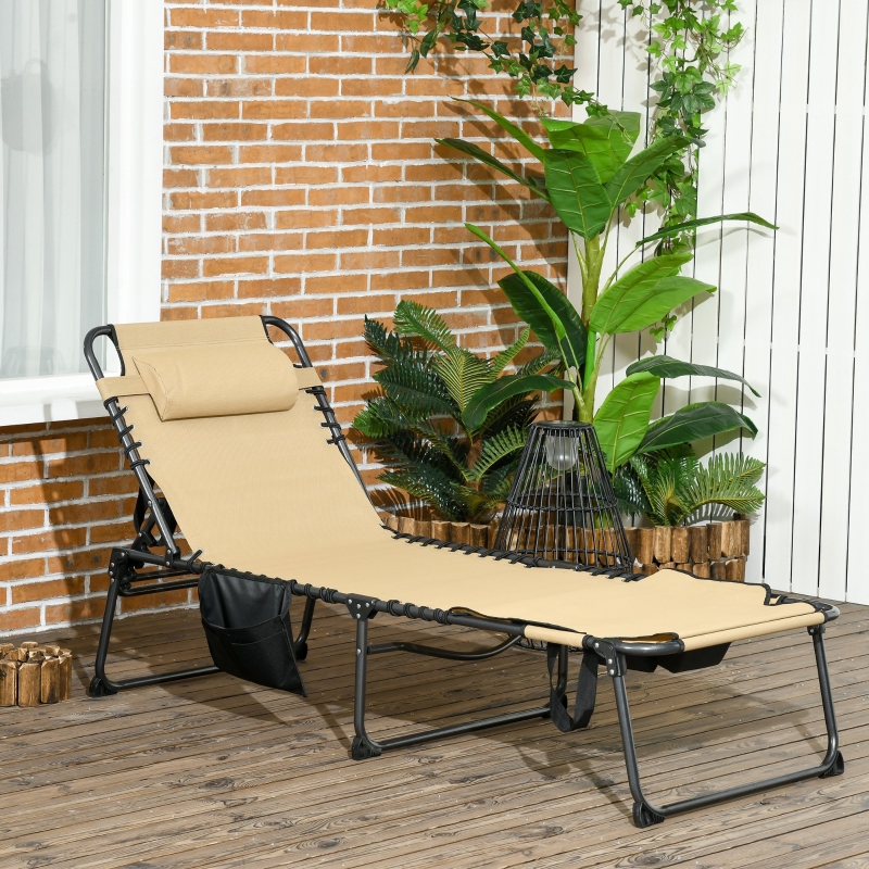 Best Folding Sun Lounge with 5-level Reclining Back, Outdoor Tanning Chair with Reading Hole, Outdoor Sun Lounge with Side Pocket, Headrest, for Beach, Yard, Patio, Beige - Image 10