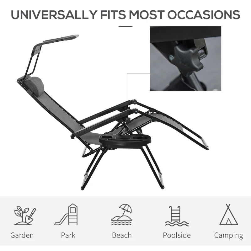 Best Foldable Reclining Garden Chair with Headrest, Zero Gravity Deck Sun Lounger Seat Chair with Footrest, Armrest, Cup Holder & Canopy Shade, Light Grey - Image 7