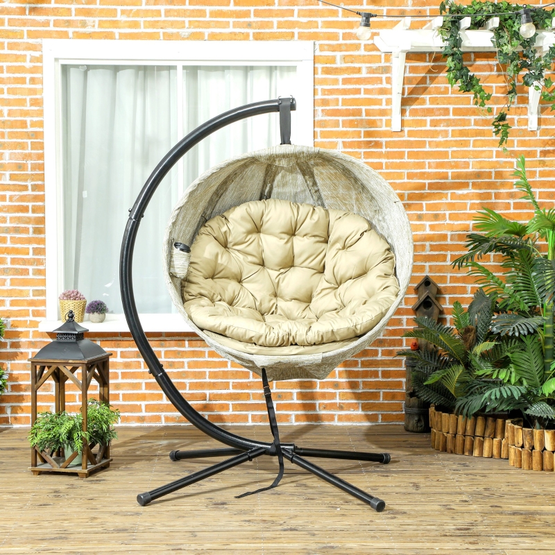 Best Hanging Egg Chair Outdoor Indoor Garden Swing Chair with Folding Basket, Garden Hanging Chair with Stand, Thickened Cushion, Cup Holder for Patio, Balcony, Khaki - Image 10