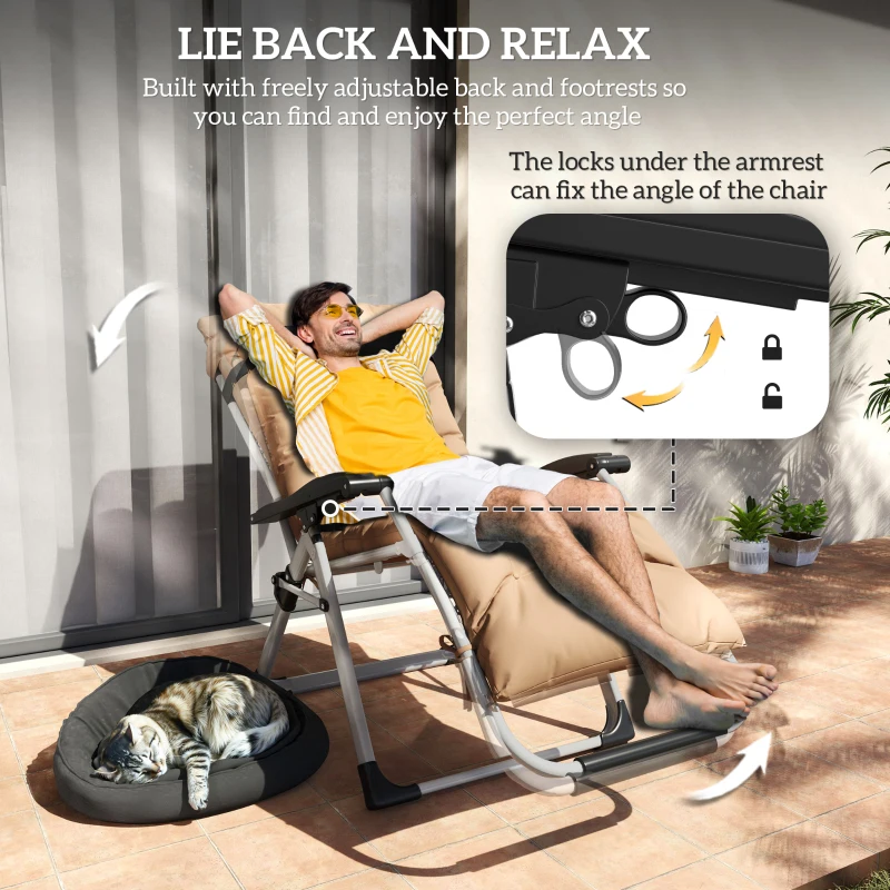 Best 2 Piece Reclining Zero Gravity Sun Loungers with Cushions, Khaki - Image 4